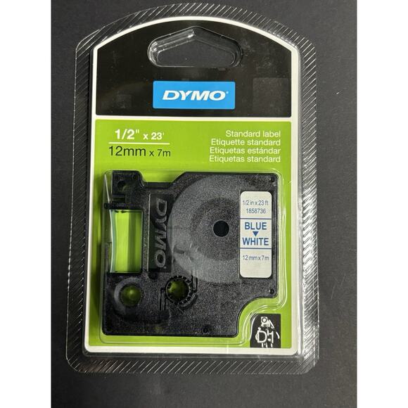 4 GENUINE Dymo D1 Standard Label 1/2in x 23ft (12mm X 7m), Blue on White 1858736 - Picture 2 of 3